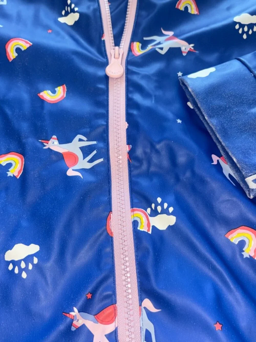Joules Blue Raindance Unicorn Rubber Lined Hooded Rainbow Raincoat 7-8Y